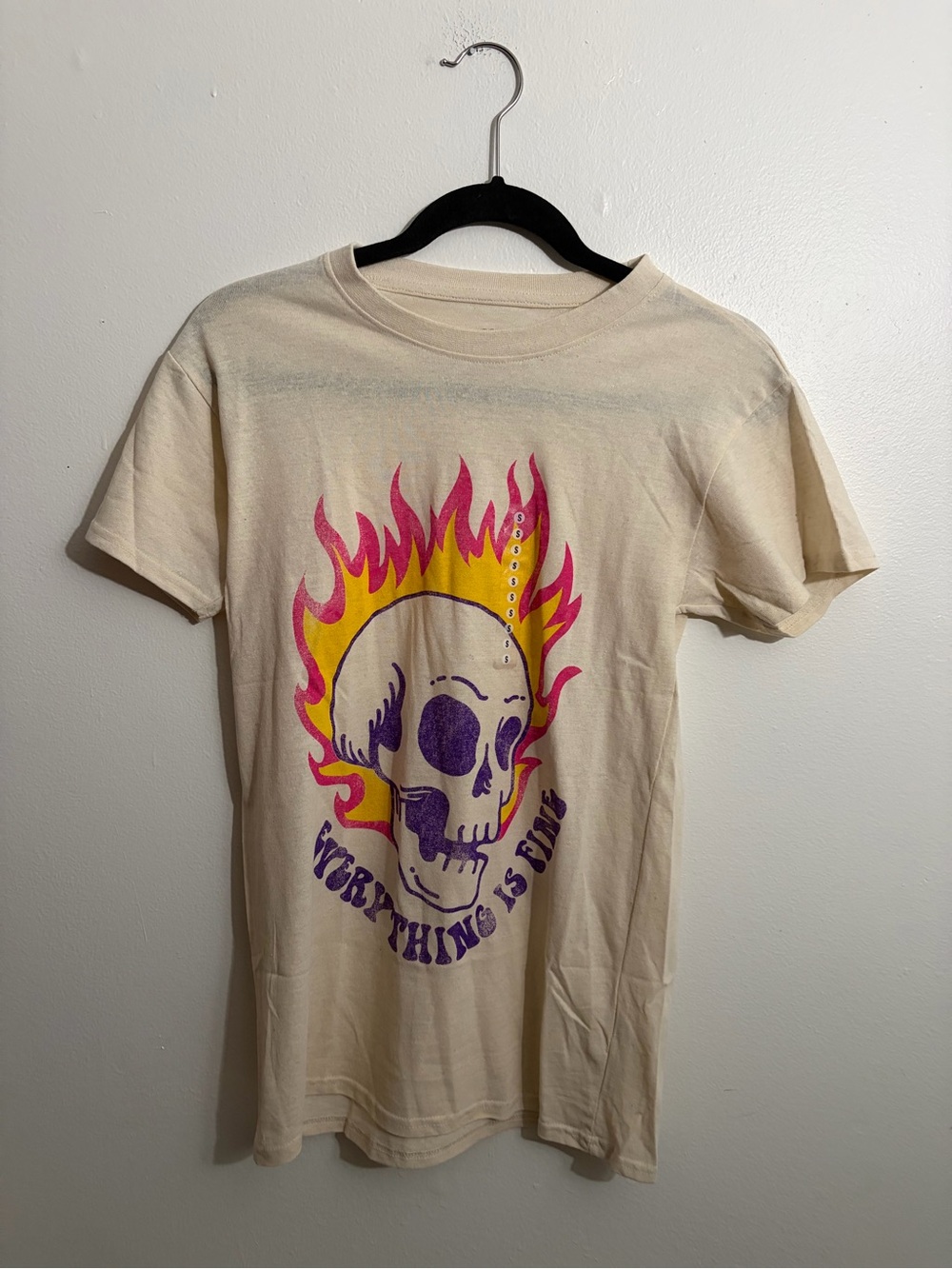 Skull Flame Graphic Tee in Cream, Yellow, Pink, Purple